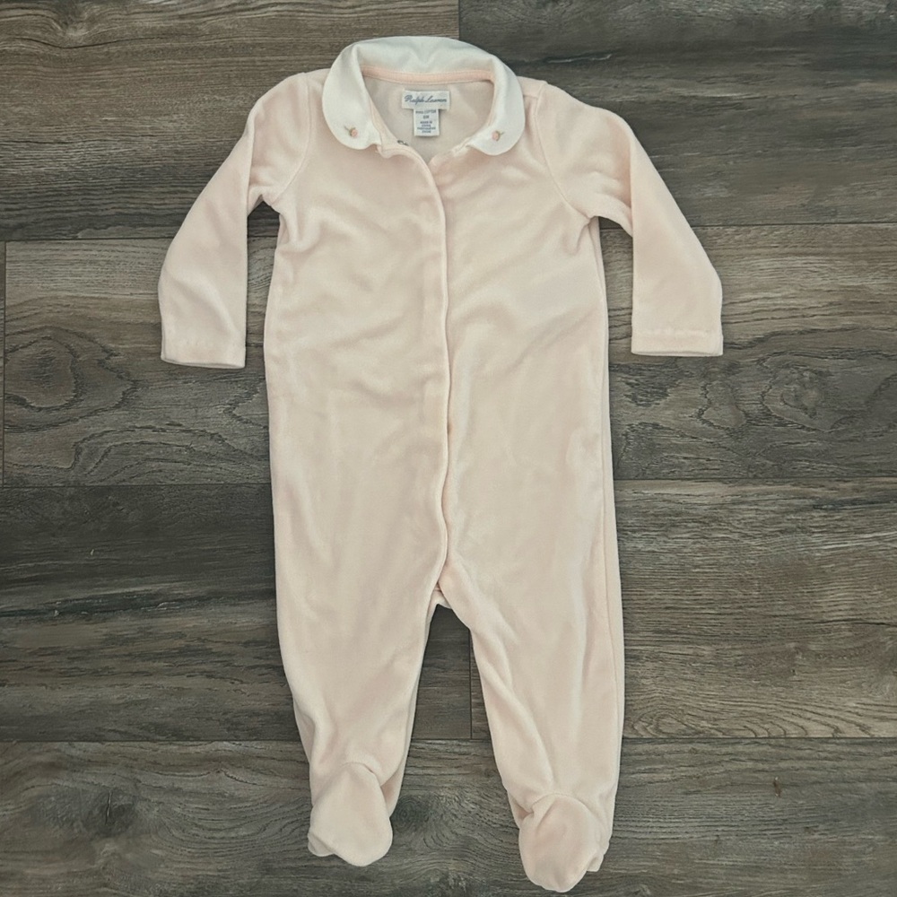 Ralph Lauren velour footed onsie pink embroidered collar baby 6 months